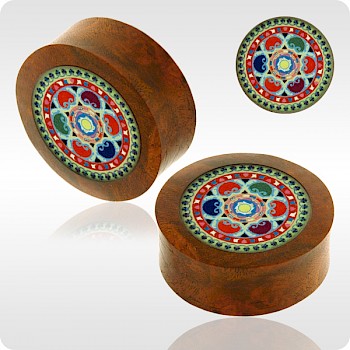 BLOOD WOOD FLESH PLUG WITH ALUMINIUM ICON INLAY - BYZANTINE BRIGHT