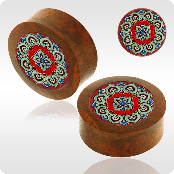 BLOOD WOOD FLESH PLUG WITH ALUMINIUM ICON INLAY - BYZANTINE PETALS
