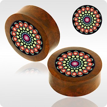 BLOOD WOOD FLESH PLUG WITH ALUMINIUM ICON INLAY - BYZANTINE SIMPLE