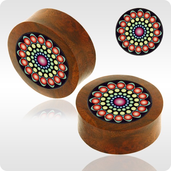 BLOOD WOOD FLESH PLUG WITH ALUMINIUM ICON INLAY - BYZANTINE SIMPLE