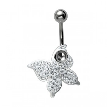 CRYSTAL BUTTERFLY DANGLE BELLY BAR - CLEAR CRYSTALS