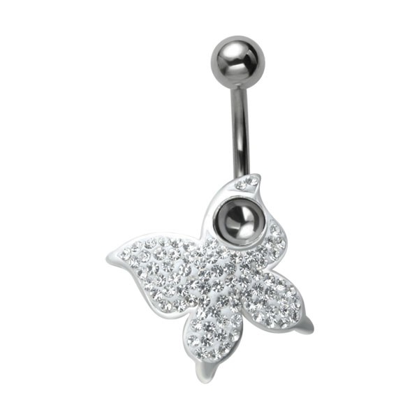 CRYSTAL BUTTERFLY DANGLE BELLY BAR - CLEAR CRYSTALS