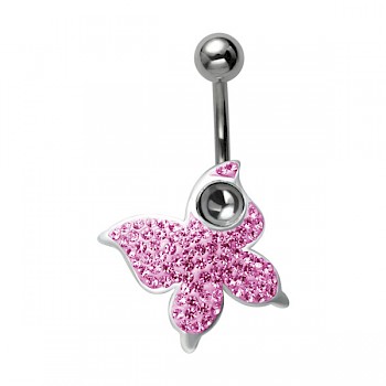 CRYSTAL BUTTERFLY DANGLE BELLY BAR - PINK CRYSTALS