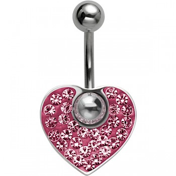CRYSTAL HEART DANGLE BELLY BAR - PINK