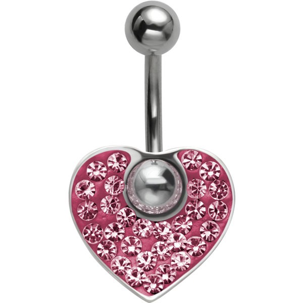 CRYSTAL HEART DANGLE BELLY BAR - PINK