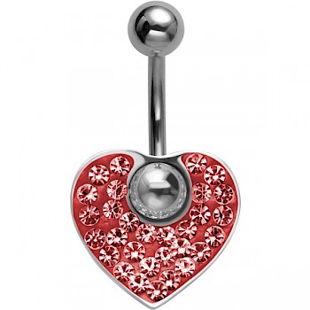 CRYSTAL HEART DANGLE BELLY BAR - RED