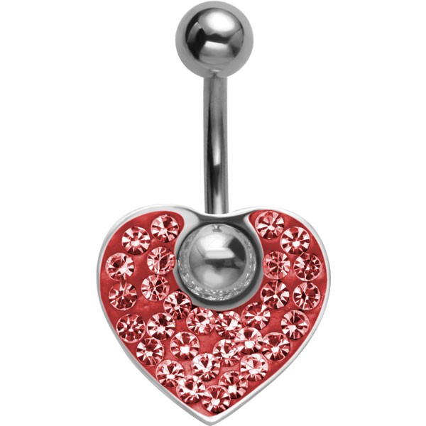 CRYSTAL HEART DANGLE BELLY BAR - RED
