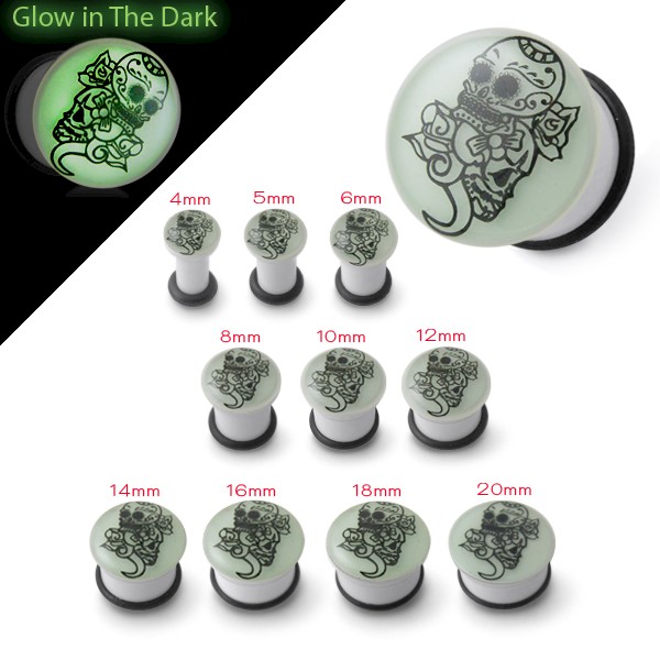 GLOW IN THE DARK FLESH PLUG - TATTOO SKULL