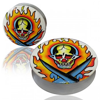 HAND PAINTED (LARGE GAUGE) WOOD FLESH PLUG - FLAMING SKULL