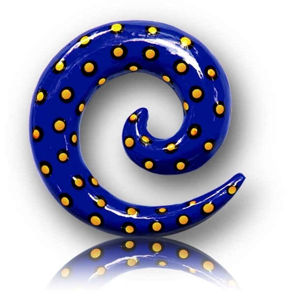 HAND PAINTED WOOD EAR SPIRAL - BLUE POLKA