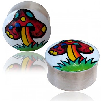 HAND PAINTED WOOD FLESH PLUG - MUSHROOM
