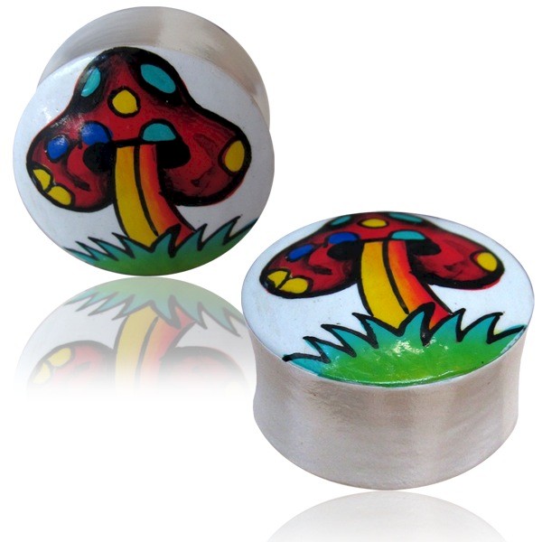 HAND PAINTED WOOD FLESH PLUG - MUSHROOM