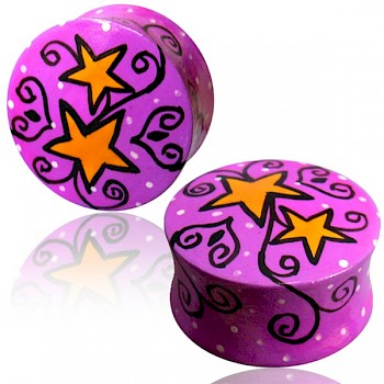 HAND PAINTED WOOD FLESH PLUG - STARS