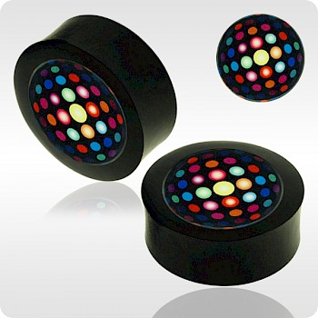 IRON WOOD FLESH PLUG WITH ALUMINIUM ICON INLAY - RETRO DOTS