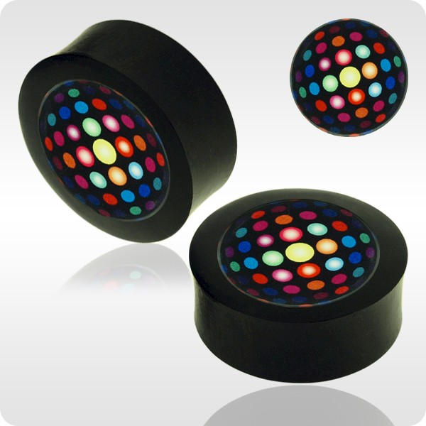IRON WOOD FLESH PLUG WITH ALUMINIUM ICON INLAY - RETRO DOTS