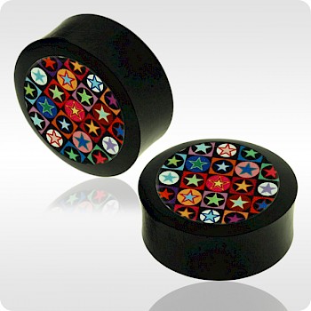 IRON WOOD FLESH PLUG WITH ALUMINIUM ICON INLAY - RETRO STARS & CIRCLES