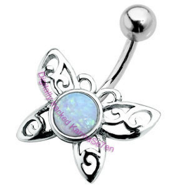 Silver Butterfly Belly Bar - Opal
