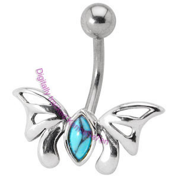 Silver Butterfly Belly Bar - Turquoise