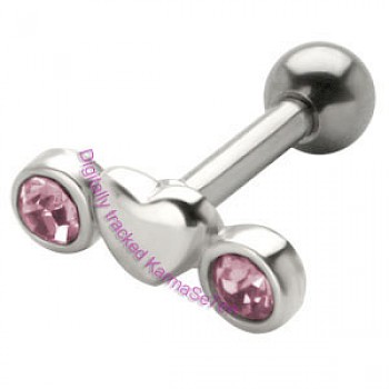 Silver Jewel & Heart Upper Ear Stud - Pink