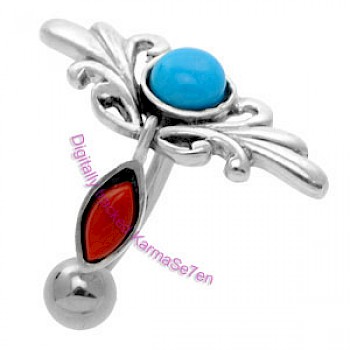 Silver Tribal Belly Bar - Turquoise & Coral
