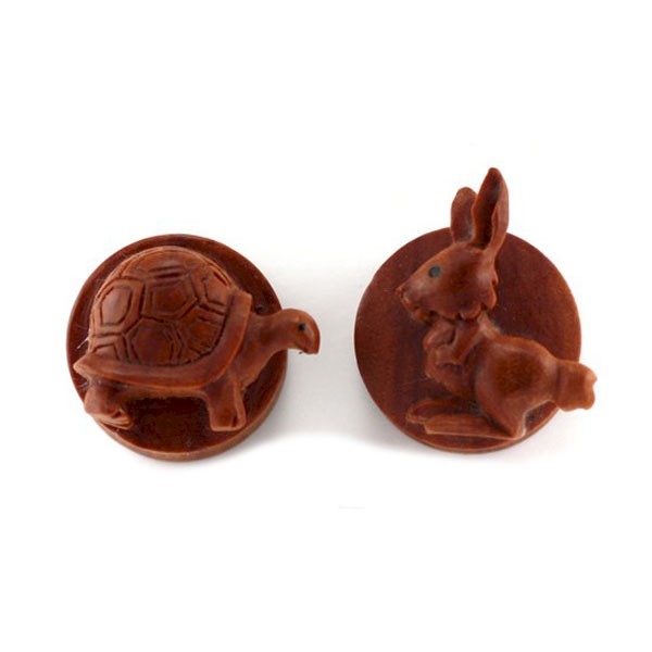 TORTOISE & HARE PAIR OF CARVED FLESH PLUGS