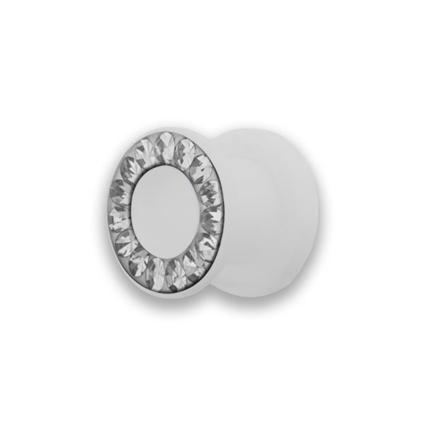 WHITE ACRYLIC FLESH TUNNEL WITH CLEAR CRYSTALS